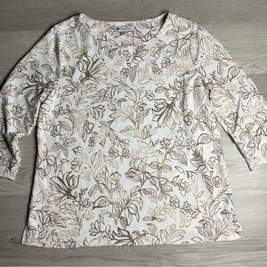 Kate Park‎ Womens Pullover Blouse Size Medium White Brown Floral Pattern